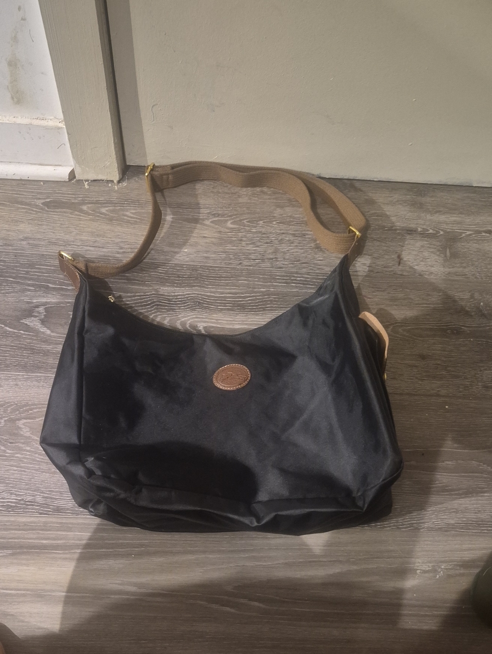 Longchamp Black Nylon Shoulder Bag with Brown Trim